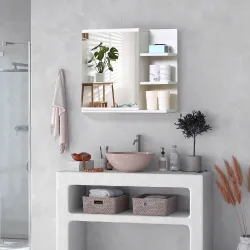 Armario con Espejo para Baño con 3 Estantes Abiertos y 1 Estante Interior Estilo Moderno 60x18x50 cm Blanco - Ogal.Es