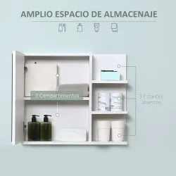Armario con Espejo para Baño con 3 Estantes Abiertos y 1 Estante Interior Estilo Moderno 60x18x50 cm Blanco - Ogal.Es
