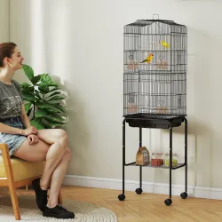 Jaula para Pájaros con Soporte Jaula Metálica con Ruedas Bandeja Extraíble y Estante 46,5x36x157 cm Negro - Ogal.Es