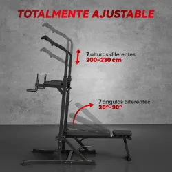 Estación de Musculación Torre de Fondos Altura Ajustable 200-230 cm con Barra de Dominadas y Banco Plegable para... - Ogal.Es