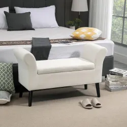 Banco de Almacenamiento con Tapa Abatible Reposabrazos y Patas de Madera para Salón 111,5x41x65 cm Crema - Ogal.Es