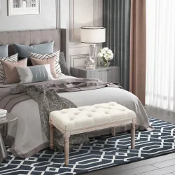 Banco Pie de Cama, Taburete Pie de Cama Tapizado en Lino Sintético con Patas de Madera y Asiento Acolchado, Esti... - Ogal.Es