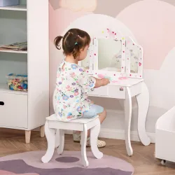 Tocador Infantil con Taburete y Espejo Ajustable, Tocador para Niñas con Cajón, Mesa de Maquillaje para Niños y ... - Ogal.Es