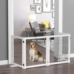 Barrera de Seguridad para Perros Plegable 264x77 cm de 4 Paneles con Patas y Marco de Madera para Puertas Escaleras - Ogal.Es