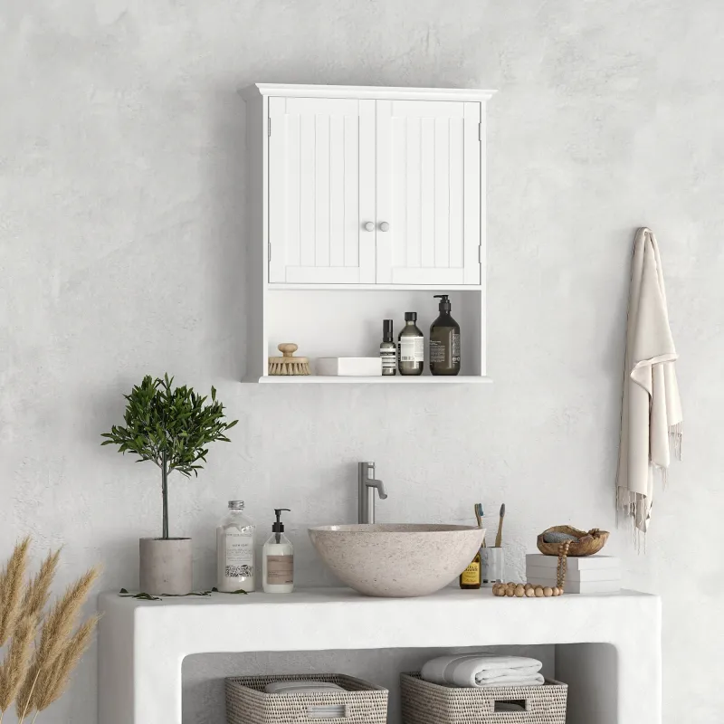 Armario Baño de Pared con 2 Puertas Estante Interior Ajustable y Compartimento Abierto Mueble Auxiliar Suspendid... - Ogal.Es