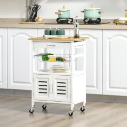 Carrito de Cocina con Ruedas Carro de Almacenamiento Multiuso con Encimera de Bambú Cajón Cesta Metálica y Armar... - Ogal.Es