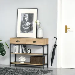 Mesa de Entrada con 2 Cajones y 2 Estantes de Almacenamiento Marco de Acero 100x35x79,2 cm Roble - Ogal.Es