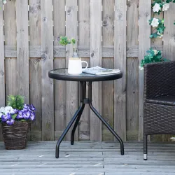 Mesa de Jardín Redonda Mesa de Café Exterior con Tablero de Cristal Decorativo y Marco de Metal para Patio Terra... - Ogal.Es