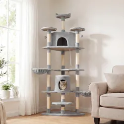 Árbol Rascador para Gatos 200 cm Torre para Gatos con 2 Cuevas 2 Hamacas Cama Postes de Sisal 60x60x200 cm Gris - Ogal.Es