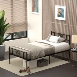 Marco de Cama Individual de Metal 31 cm para Colchón 90x190 cm con Cabecera Forma de Corazón 95x196x100 cm Negro - Ogal.Es