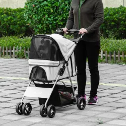 Carrito para Perros con Toldo Ajustable Cesta de Almacenaje y Ruedas con Freno Tela Oxford 77x45x99,5 cm Gris - Ogal.Es