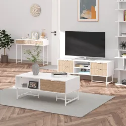 Mesa de Consola Estrecha con 2 Cajones Diseño de Líneas Talladas Estilo Moderna Blanco y Roble - Ogal.Es