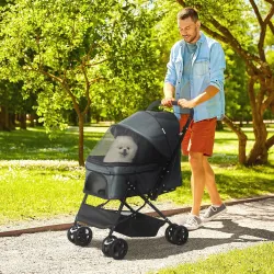 Carrito para Perros Plegable con Mango Reversible Ventana de Malla Cesta de Almacenamiento 76,5x52x95 cm Gris - Ogal.Es