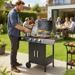 Barbacoa de Gas BBQ con 3+1 Quemadores 11,6 KW 2 Mesas Laterales Armario de 2 Puertas Termómetro y 2 Ruedas Acer... - Ogal.Es