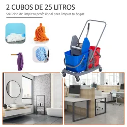 Carro de Limpieza Profesional Carro de Fregado de Metal con 2 Cubos de 25 Litros Extraíbles Escurridor Prensa Ma... - Ogal.Es