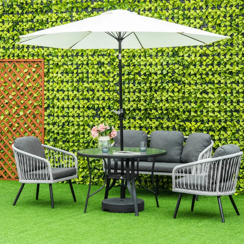 Mesa de Cristal de Jardín con Agujero para Sombrilla Mesa para Comer Redonda con Marco de Acero para Exterior Te... - Ogal.Es