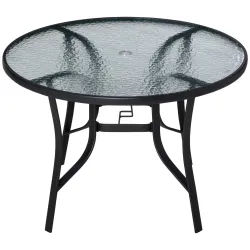 Mesa de Cristal de Jardín con Agujero para Sombrilla Mesa para Comer Redonda con Marco de Acero para Exterior Te... - Ogal.Es