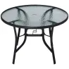 Mesa de Cristal de Jardín con Agujero para Sombrilla Mesa para Comer Redonda con Marco de Acero para Exterior Te... - Ogal.Es