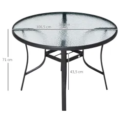 Mesa de Cristal de Jardín con Agujero para Sombrilla Mesa para Comer Redonda con Marco de Acero para Exterior Te... - Ogal.Es
