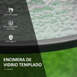 Mesa de Cristal de Jardín con Agujero para Sombrilla Mesa para Comer Redonda con Marco de Acero para Exterior Te... - Ogal.Es