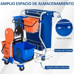 Carro de Limpieza con Bolsa de Basura Carro de Servicio con Doble Cubo de 18 Litros Escurridor de Prensa 2 Cubet... - Ogal.Es