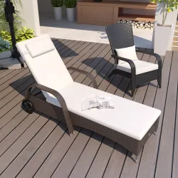 Tumbona de Ratán de Jardín Chaise Longue con Respaldo Ajustable en 5 Posiciones Cojines Acolchados Reposacabezas... - Ogal.Es