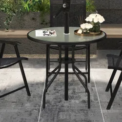 Mesa de Jardín Redonda Mesa Comedor de Cristal Templado con Agujero para Sombrilla y Estructura Metálica para Pa... - Ogal.Es
