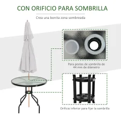 Mesa de Jardín Redonda Mesa Comedor de Cristal Templado con Agujero para Sombrilla y Estructura Metálica para Pa... - Ogal.Es
