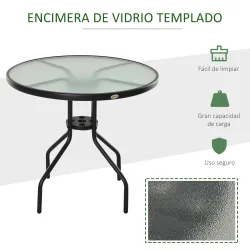 Mesa de Jardín Redonda Mesa Comedor de Cristal Templado con Agujero para Sombrilla y Estructura Metálica para Pa... - Ogal.Es