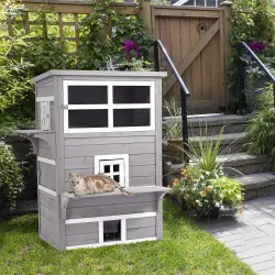 Caseta para Gatos de Madera Exterior Casa Grande para Gatos de 3 Pisos con Múltiples Entradas Ventanas y 2 Plata... - Ogal.Es