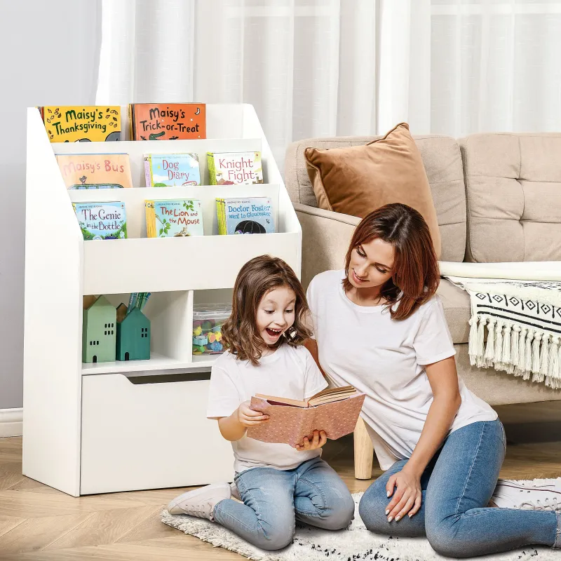 Estantería Infantil de Madera con 3 Compartimentos 2 Cubos y Cajón Móvil con 4 Ruedas 60x29,9x90 cm Blanco - Ogal.Es