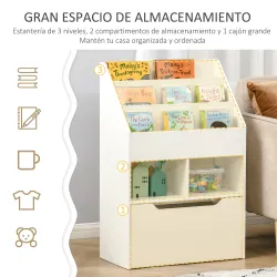 Estantería Infantil de Madera con 3 Compartimentos 2 Cubos y Cajón Móvil con 4 Ruedas 60x29,9x90 cm Blanco - Ogal.Es