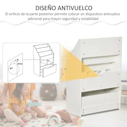 Estantería Infantil de Madera con 3 Compartimentos 2 Cubos y Cajón Móvil con 4 Ruedas 60x29,9x90 cm Blanco - Ogal.Es