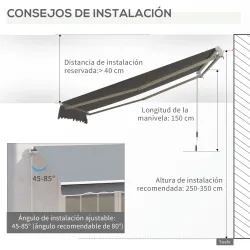 Toldo Manual Retráctil 3x2,5 cm, Toldo Exterior Terraza con Ángulo Ajustable, Brazo Articulado, Montaje a Pared,... - Ogal.Es
