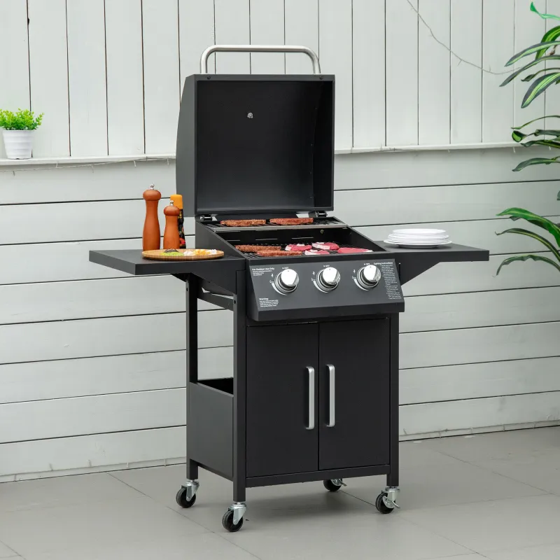 Barbacoa de Gas con 3 Quemadores 8,7 KW con 2 Mesas Laterales Armario de 2 Puertas 4 Ruedas y Frenos 121x55x109 ... - Ogal.Es