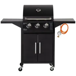 Barbacoa de Gas con 3 Quemadores 8,7 KW con 2 Mesas Laterales Armario de 2 Puertas 4 Ruedas y Frenos 121x55x109 ... - Ogal.Es