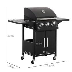 Barbacoa de Gas con 3 Quemadores 8,7 KW con 2 Mesas Laterales Armario de 2 Puertas 4 Ruedas y Frenos 121x55x109 ... - Ogal.Es