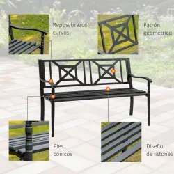 Banco de Jardín de 2 Plazas Banco Exterior de Acero con Reposabrazos y Respaldo Decorativo para Terraza Balcón P... - Ogal.Es