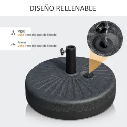 Base de Sombrilla de Jardín Rellenable de Agua 22 kg Soporte de Parasol Redondo Apto para Postes de 38mm/48mm Po... - Ogal.Es