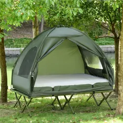 Cama Doble de Camping Plegable con Tienda de Campaña 4 en 1 Cama de Campamento Elevada con Colchón Hinchable y B... - Ogal.Es