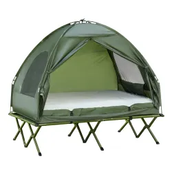 Cama Doble de Camping Plegable con Tienda de Campaña 4 en 1 Cama de Campamento Elevada con Colchón Hinchable y B... - Ogal.Es
