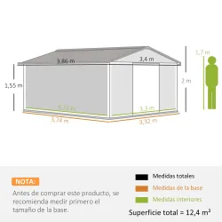 Cobertizo de Jardín 340x386x200 cm 12,4 m² Caseta Exterior de Metal con Puertas Correderas y Ventilaciones Ocre - Ogal.Es