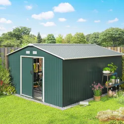 Cobertizo de Jardín 12,4 m² 340x386x200 cm con 2 Puertas Corredizas Base Refuerzo (Suelo NO Incluido) Verde - Ogal.Es