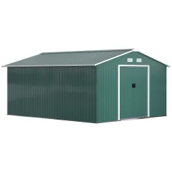 Cobertizo de Jardín 12,4 m² 340x386x200 cm con 2 Puertas Corredizas Base Refuerzo (Suelo NO Incluido) Verde - Ogal.Es