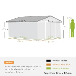 Cobertizo de Jardín 12,4 m² 340x386x200 cm con 2 Puertas Corredizas Base Refuerzo (Suelo NO Incluido) Verde - Ogal.Es