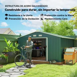 Cobertizo de Jardín 12,4 m² 340x386x200 cm con 2 Puertas Corredizas Base Refuerzo (Suelo NO Incluido) Verde - Ogal.Es
