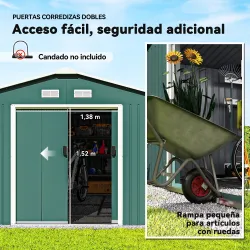 Cobertizo de Jardín 12,4 m² 340x386x200 cm con 2 Puertas Corredizas Base Refuerzo (Suelo NO Incluido) Verde - Ogal.Es