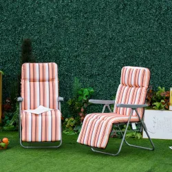 2 Tumbonas de Jardín de Acero con Cojín Acolchado Respaldo Ajustable y Reposapiés 60x75x65-102 cm Rayas Naranja - Ogal.Es