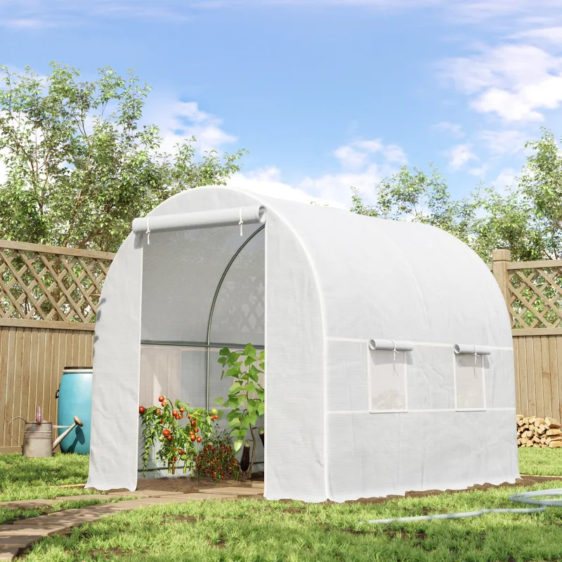 Invernadero de Túnel con Puerta Enrollable y 4 Ventanas para Cultivo Plantas Verduras 245x200x200 cm Blanco - Ogal.Es