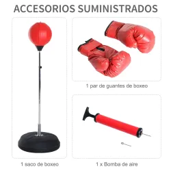 Saco de Boxeo de Pie con Altura Ajustable en 4 Niveles 126-144 cm Base Rellenable y Guantes de Boxeo Rojo y Negro - Ogal.Es